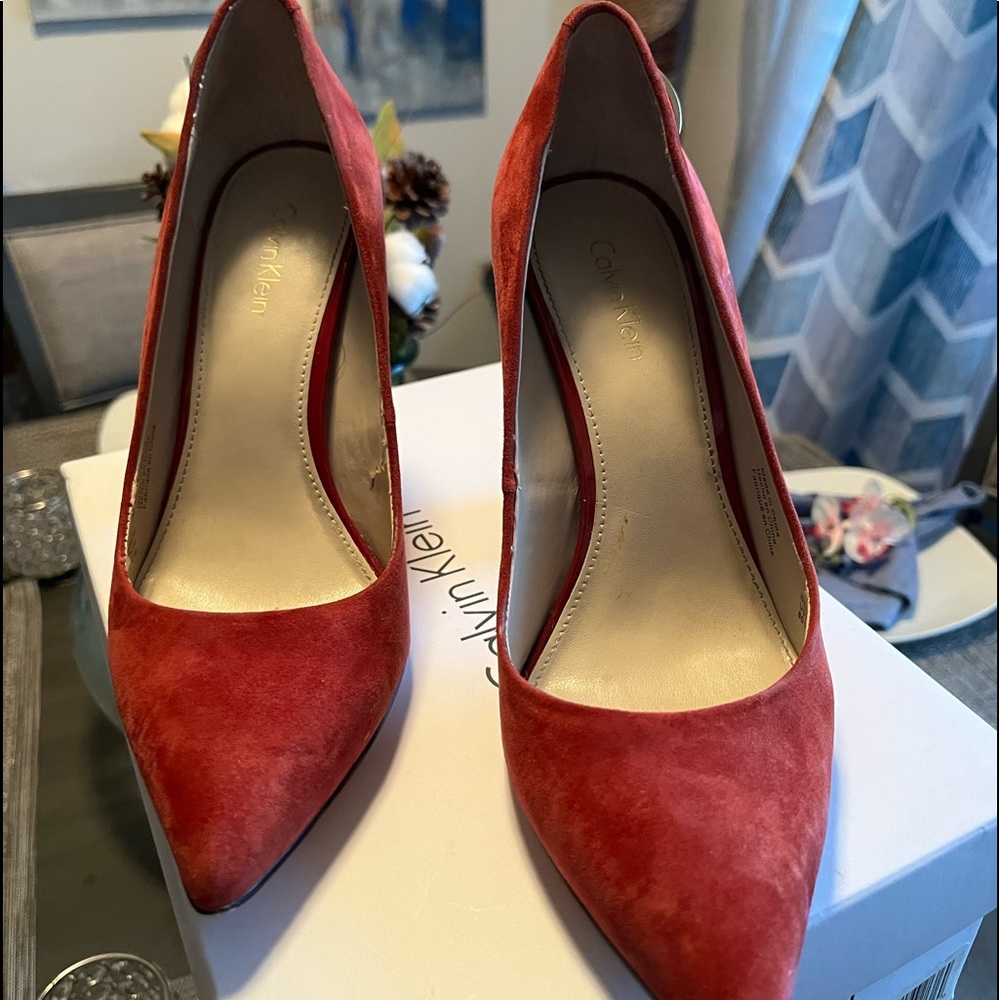 Calvin Klein pump size 7 1/2 red suede with patent leather heel